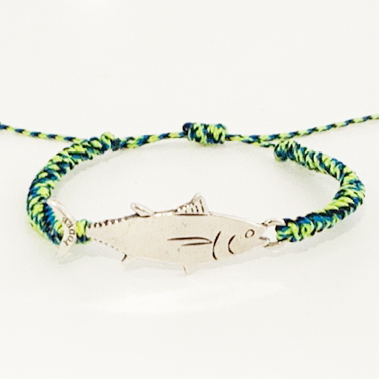 Bracelet Cordon Vert et Bleu avec un Thon Argenté