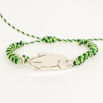 Bracelet Cordon Vert et Bleu avec une Carangue Argentée