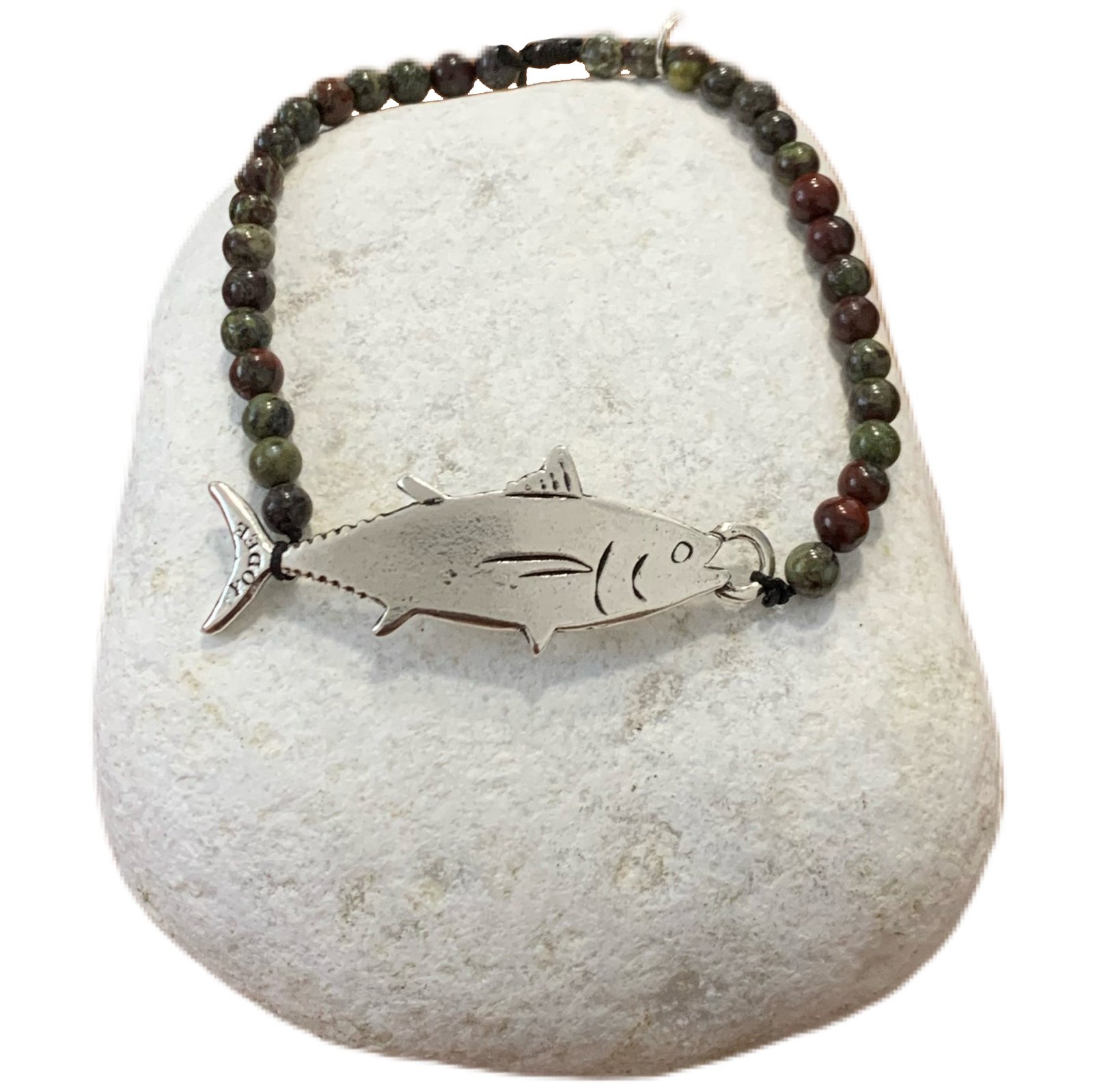 Bracelet pierre en Jaspe Oeil de Dragon 4mm avec un Thon Argenté
