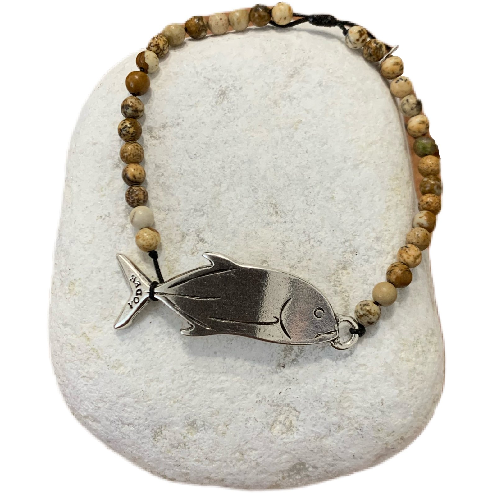 Bracelet pierre Jaspe Paysagé d'Afrique du Sud 4mm avec une Carangue Argenté