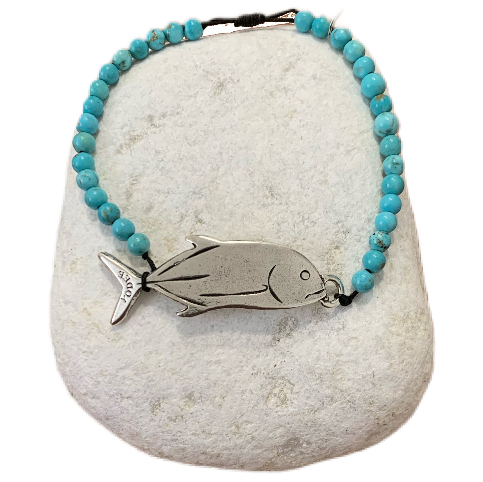 Bracelet pierre Magnésite Turquoise 4mm avec une Carangue Argenté