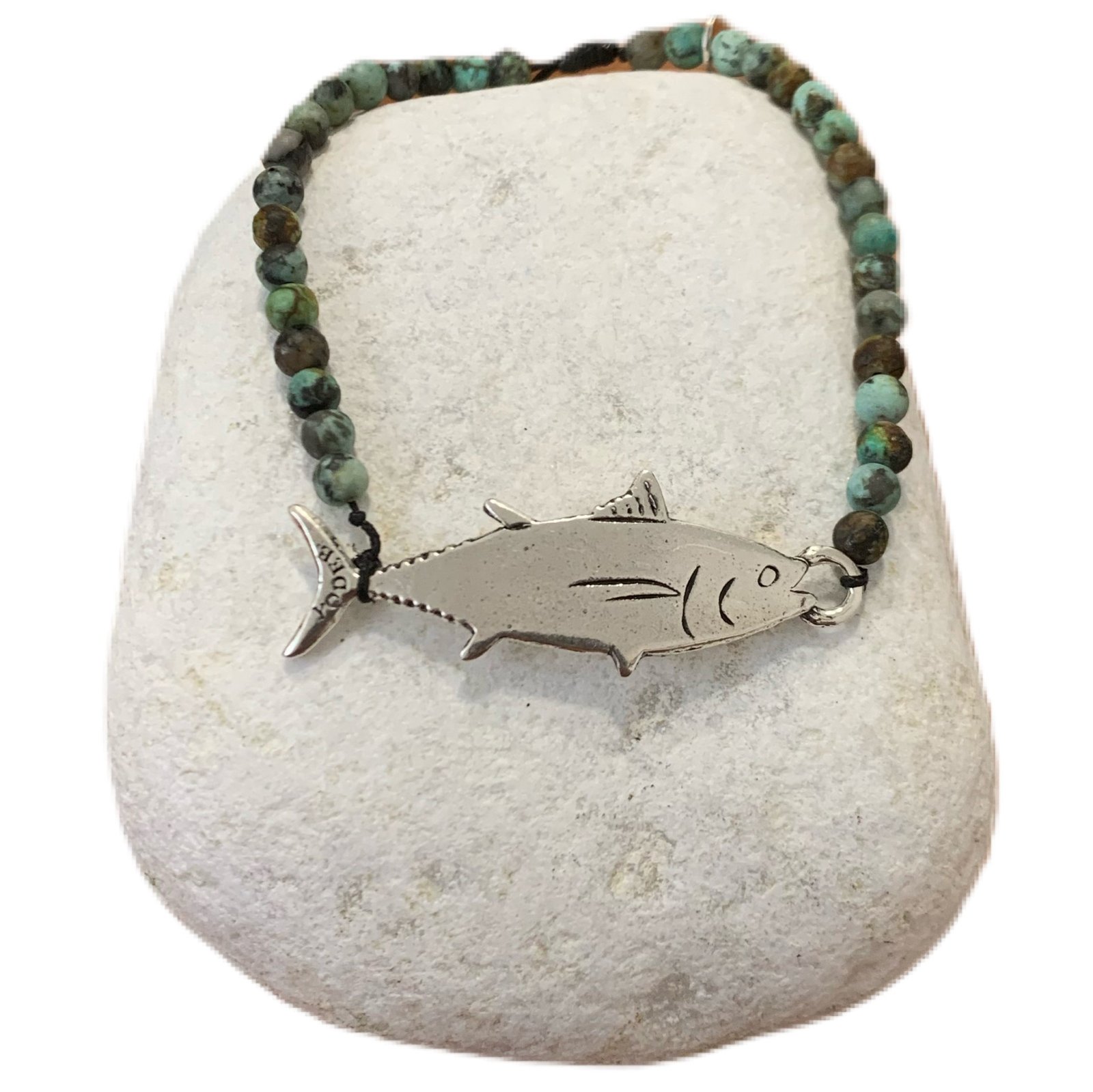 Bracelet pierre Turquoise Africaine 4mm avec un Thon Argenté